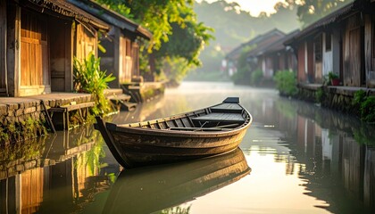 Obraz premium 静かな川辺と木造家屋のある風景｜Tranquil Riverside Scene with Traditional Wooden Houses and Boat 