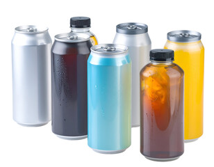 Collection of various aluminum cans and a glass jar filled with beverages against a transparent background