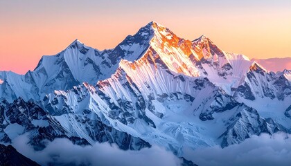 Obraz premium 朝焼けに輝く雪山と雲海が広がる荘厳な風景