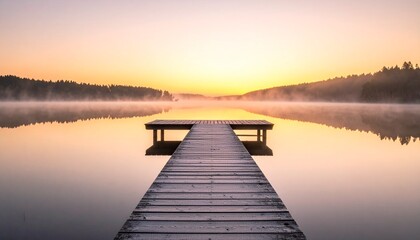霧立つ湖と木製デッキが映える朝の静寂