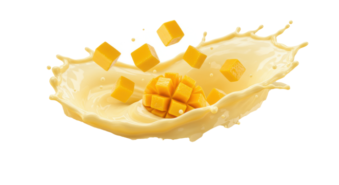 Spectacular high-speed macro view of a volumetric horizontal splash of thick, viscous, creamy golden mango yogurt with vibrant orange pieces suspended against a transparent background. concept for