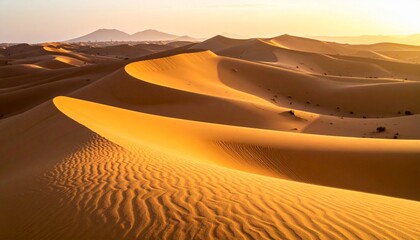 砂丘に差し込む夕陽と風紋が描く静かな砂漠の風景
