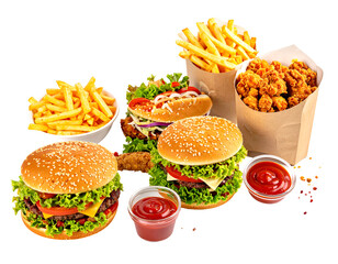 A variety of fast food items including burgers, fries, fried chicken, and condiments arranged together for a meal