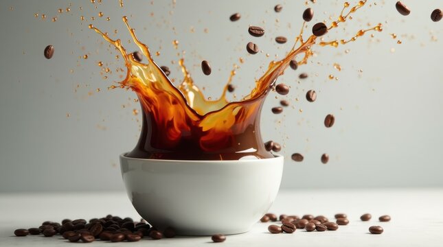 A dynamic coffee splash erupts from a pristine white bowl as dark roasted beans spectacularly fly through the air creating an energetic and invigorating scene of freshly prepared beverage