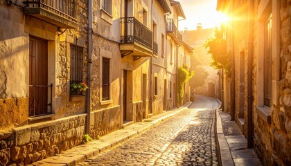 石畳の路地に差し込む夕陽とヨーロッパの街並みが描く旅情の構図