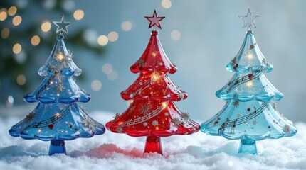 Elegant Glass Christmas Trees featuring musical notes and snowflakes, blue, red, and white, representing holiday music and festive celebration. 
