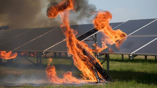 Solar panels on fire with bright orange flames and dark smoke burning