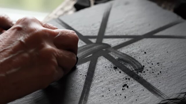Close up of a person's hand wearing a colorful beaded bracelet drawing a star on a dark slate surface with a chalk or charcoal stick natural daylight illuminates the scene creating a slightly gritty