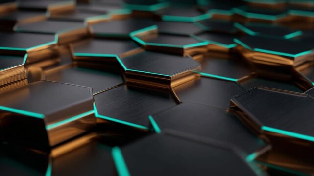 Geometric Harmony: A close-up showcases a captivating geometric pattern of hexagonal tiles, their metallic surfaces reflecting light and creating a dynamic interplay of color and shadow. 