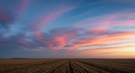 Obraz premium Expansive wide-angle landscape showing the natural division line where the colorful, atmospheric sky meets the calm, open ground ,scenic ,panorama ,clear
