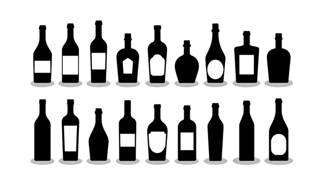 A set of 15 black silhouette wine and liquor bottles arranged in two rows against a white background.