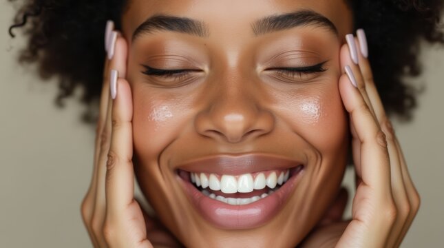Close-up of a woman's face being cleansed with foam, her eyes closed in serene relaxation and gentle skincare 
