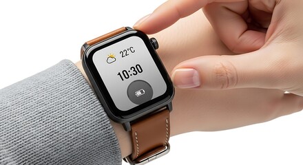 Person Touching Smartwatch Display Showing Time And Weather wearable technology