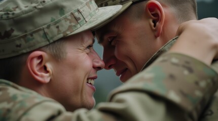 Two soldiers embracing after deployment