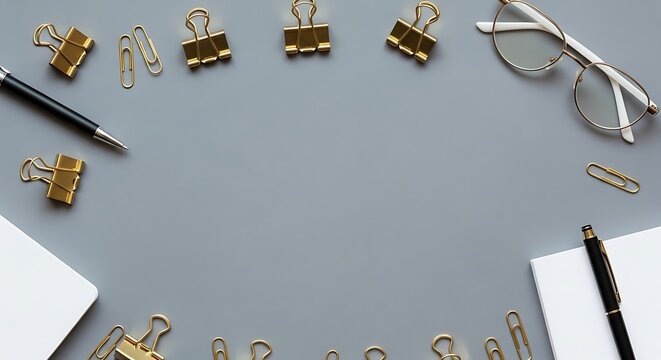 Office desk flat lay with stationery items arranged in a circle supplies