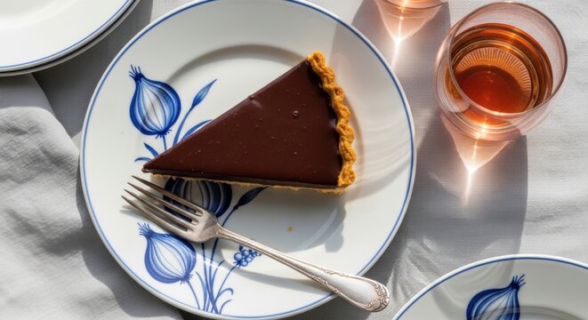 Gourmet chocolate tart slice on a blue patterned plate. Elegant patisserie dessert for a restaurant menu. Sweet indulgence with a glass of wine. Food styling for culinary lifestyle content