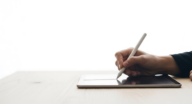 Person's hand using stylus on digital tablet with white background