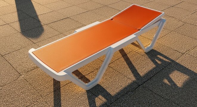 Modern sun lounger on a resort terrace. Outdoor poolside furniture for summer vacation. Leisure and travel lifestyle concept. Minimalist design for relaxation and sunbathing