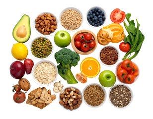 A colorful assortment of fresh fruits, vegetables, nuts, and grains arranged in small bowls and scattered on a surface