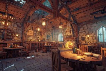 Naklejka premium Medieval Fantasy Tavern, Inn, or Guild Hall Featuring Rough Stone Walls, Exposed Wooden Beams, Crackling Fireplace, Warm Lantern Light, Scattered Tables, Perfect for RPG Gaming or Historical Themes