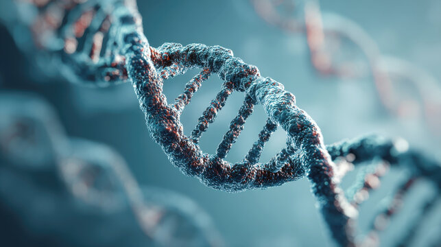 Deoxyribonucleic Acid DNA Double Helix Strand with a Textured, Microscopic Surface, Highlighting Molecular Structure, Genetics, Biotechnology, and Medical Science Against a Cool Blue Background
