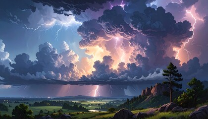 Dramatic thunderstorm over a scenic landscape with lightning striking