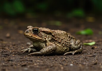 Obraz premium A large terrestrial toad, with bumpy, warty skin, is captured in a horizontal orientation, resting calmly on the damp ground in its natural habitat ,garden ,amphibian ,still