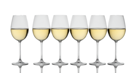 six aligned, elegant crystal wine glasses with pale straw-yellow wine and condensation, on a polished white surface in high-key studio light, professional luxury product concept