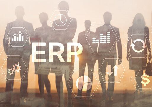 ERP system integration concept with gears, data flow and business process automation
