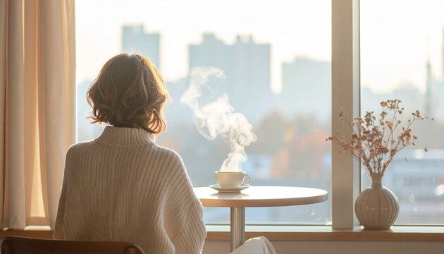 都市を眺めながら静かに過ごす人物と湯気の立ちのぼるカフェの窓辺
