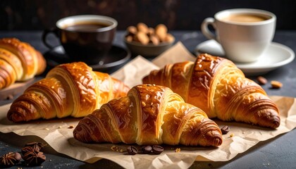 Golden croissants, coffee cups, and almonds on a textured surface