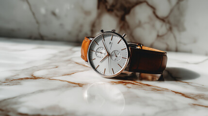 premium wristwatch with leather strap placed on white marble slab, elegant product composition, glossy reflection, high contrast light