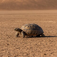 Obraz premium A slow-moving wild reptile, a large tortoise, traverses the extremely dry and hot landscape of the arid desert region ,sunny ,shell ,resilience