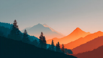Minimalist mountain landscape at sunrise