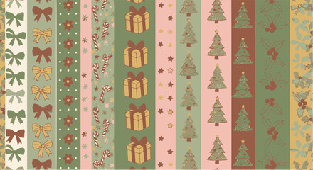 Vintage Vertical Striped Christmas Pattern: Seamless vector background with alternating bands of decorative motifs including bows, gift boxes, fir trees, and small dots in muted holiday colors