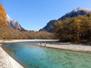 金色のカラマツとエメラルドのような梓川