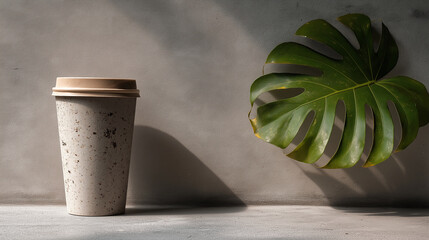 reusable coffee cup with green leaf beside on gray concrete surface, soft diffused morning light, minimal design aesthetic