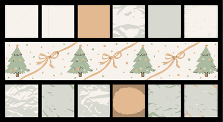 Soft Pastel Christmas Graphic Elements: Seamless border of whimsical decorated fir trees and delicate ribbons with subtle texture backgrounds in cream, beige, and sage green tones.