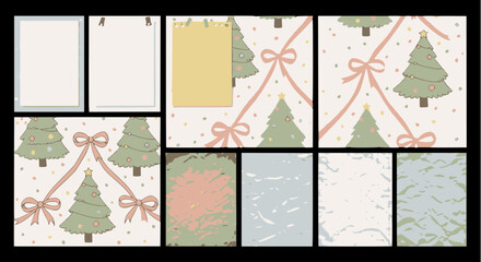 Whimsical Vintage Christmas Graphics Set: Seamless patterns, decorated fir trees, soft pink ribbons, bows, and distressed pastel background textures for winter holiday design. 