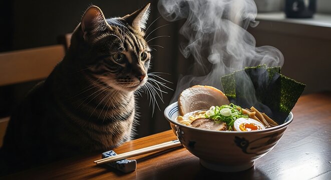 Cat looking at ramen A striped tabby cat curiously observes a steaming bowl of Japanese noodle soup on a wooden table perfect for food blogs. - Powered by Adobe