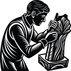Sculptor Carving Wood Silhouette Vector Art Illustration Design on White Background