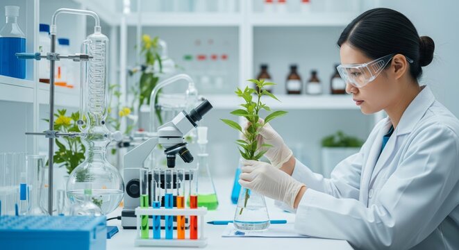 Asian female scientist analyzing plant sample in laboratory with microscope