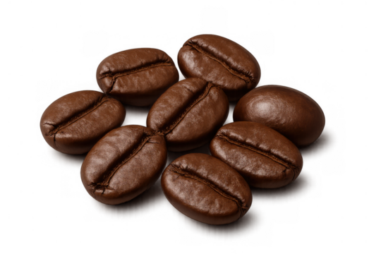 Roasted coffee beans scattered, creating an invigorating beverage ingredient on a transparent background