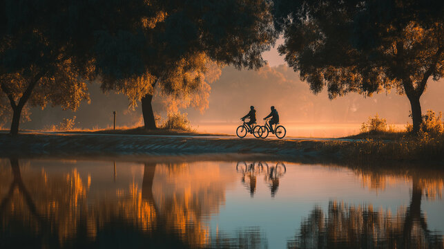 two Indian friends cycling beside a tranquil lakeside park at sunrise, light mist, reflections in water, warm tones, dynamic motion blur