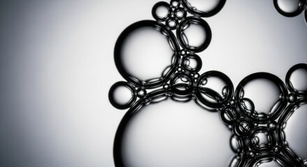 Monochrome macro of connected bubbles. Scientific concept of cellular structure and molecular bonds. Clean aesthetic for skincare and cosmetic marketing. Abstract laboratory research