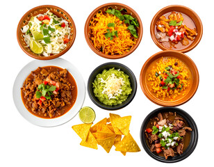 A variety of traditional Mexican dishes served in colorful bowls with fresh lime and tortilla chips on the side