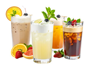 Assorted refreshing beverages with fruit garnishes and ice cubes in tall glasses on a transparent background