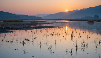 Wetland Sunset with Calm Water, Reeds, and Distant Hills &ndash; Tranquil Landscape of Marsh Reflections and Warm Evening Light
