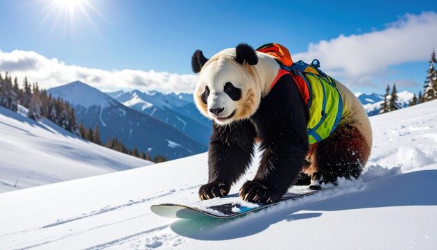 Giant panda snowboarding down a snowy mountain slope