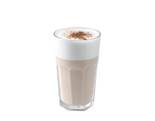 A tall glass of creamy cappuccino with frothy milk and a sprinkle of cocoa powder on top, presented in a clear glass with a transparent background